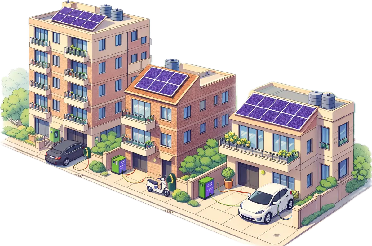 Isometric illustration of mixed Indian colony with solar rooftops, EV chargers, and greenery