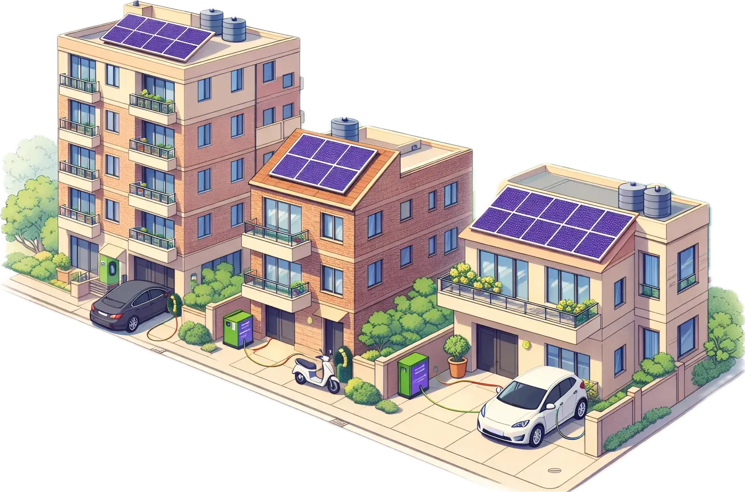 Isometric illustration of mixed Indian colony with solar rooftops