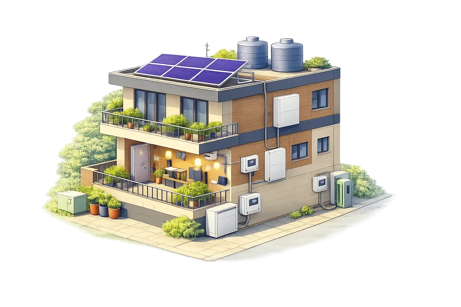 Solar system diagram showing panels, inverter, battery, and net meter on a residential rooftop
